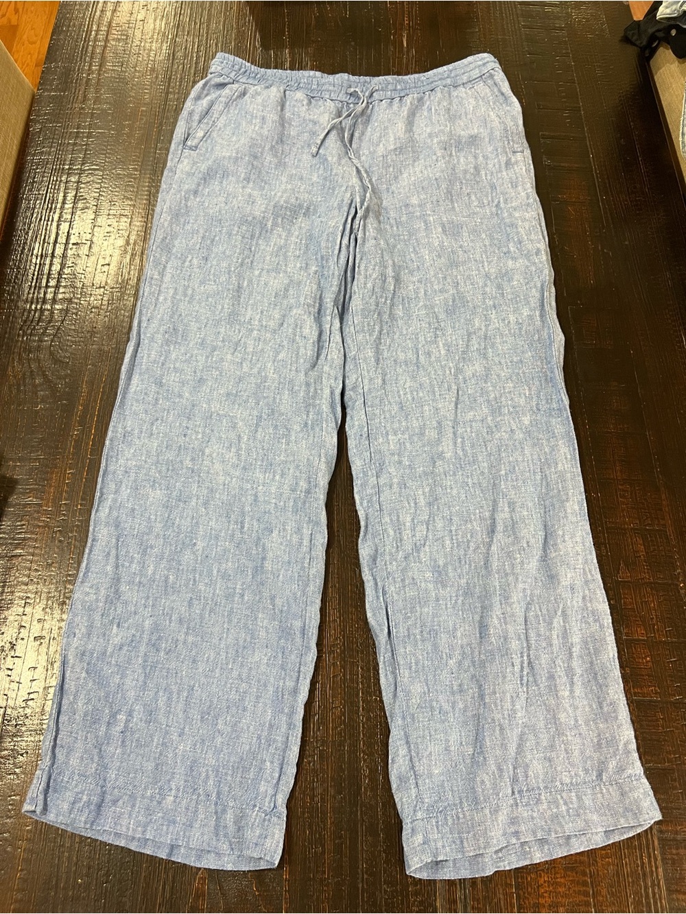 Talbots Chambray Linen Wide Leg Pull On Pants Elastic Waist Drawstring Size 12